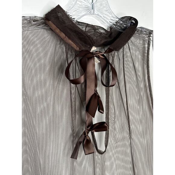 Free People Sheer Brown Tulle Ruffle Mini sexy  Dress with Bow Neck Tie large - Picture 3 of 11